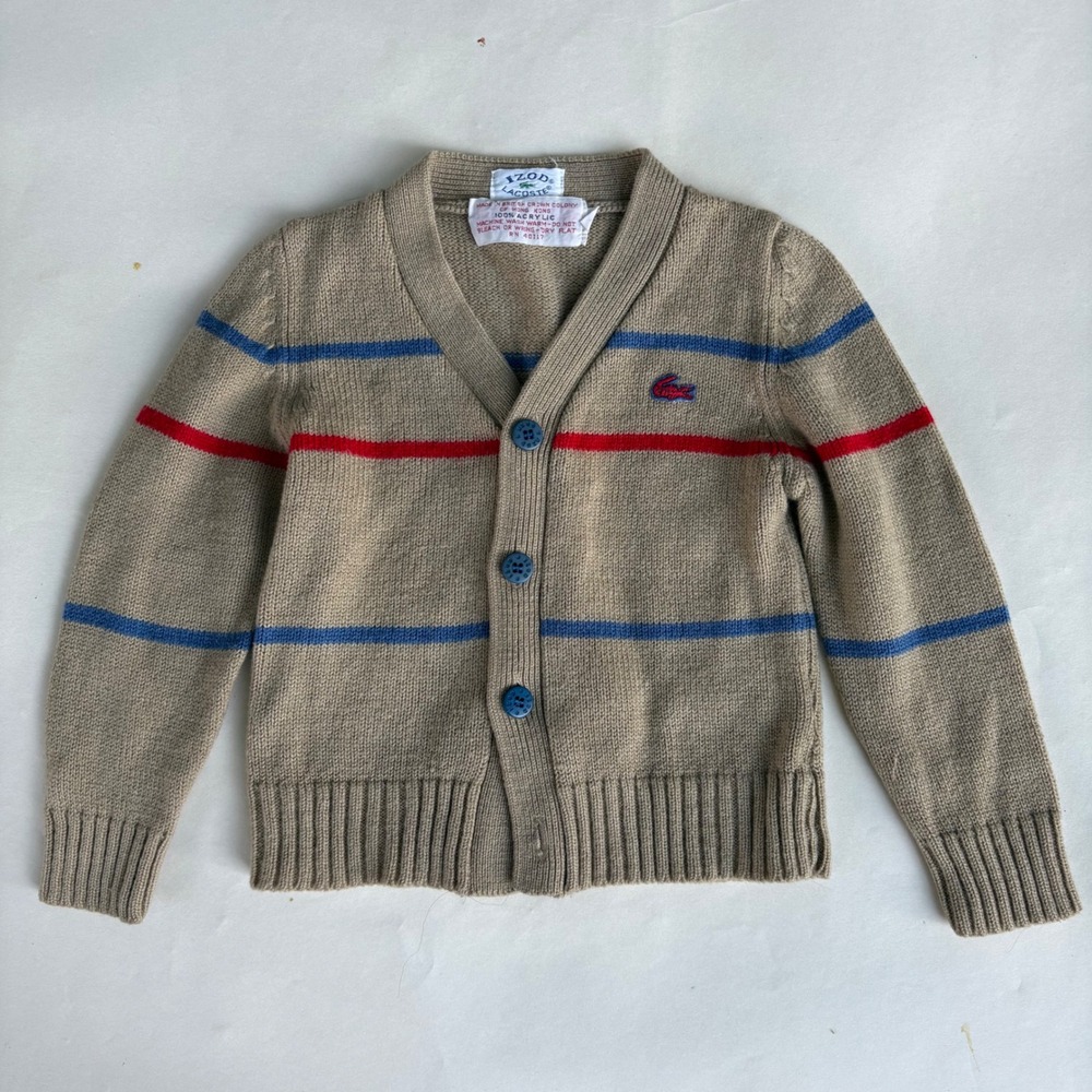 Vintage Izod Lacoste Toddler 3T Striped Cardigan Sweater Tan Blue Red Acrylic - Picture 2 of 6